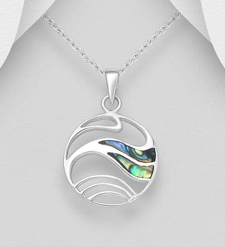 925 Sterling Silver Wave Pendant & Chain, Decorate with Abalone Stone Shell